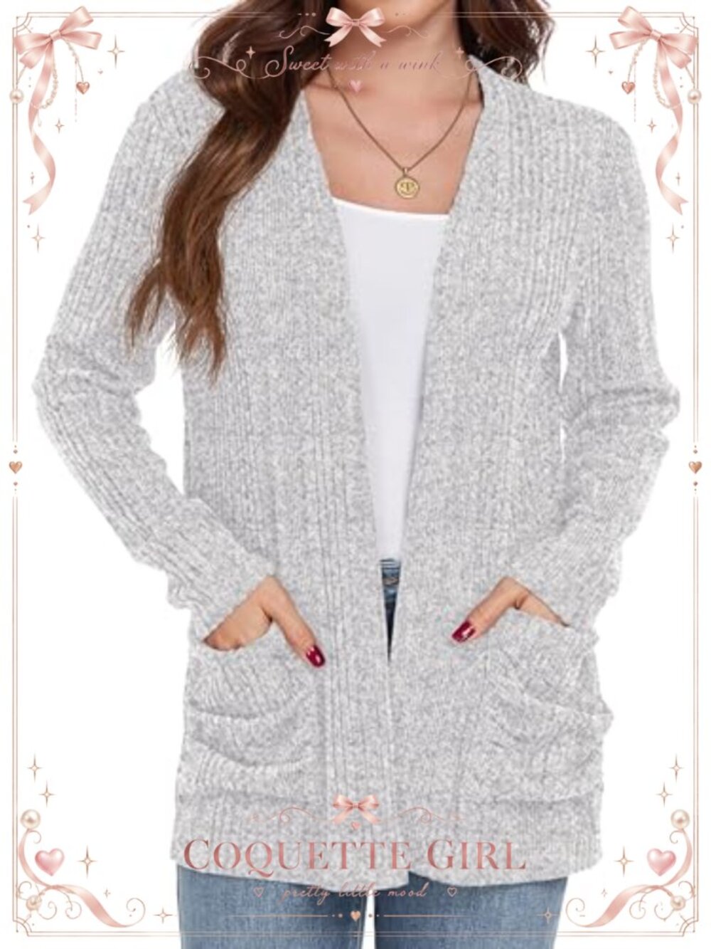 Women's Lightweight Open Front Ribbed Knit Cardigan with Pockets